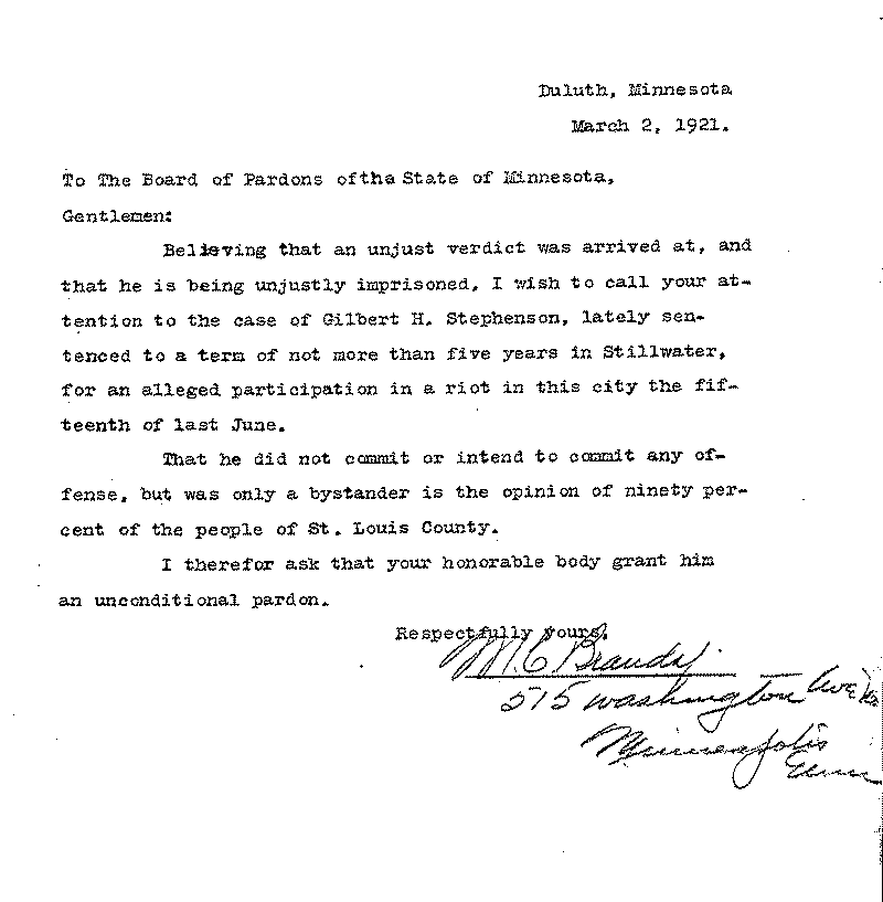 Gilbert Henry Stephenson. Application No. 5151. Letter from M. C. Brauda to Board of Pardons, March 2, 1921.