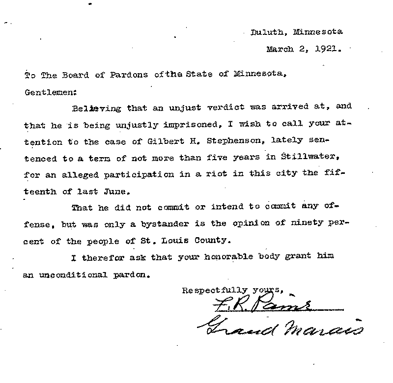 Gilbert Henry Stephenson. Application No. 5151. Letter from F. R. Paine to Board of Pardons, March 2, 1921.