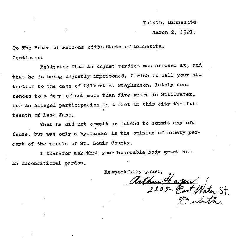 Gilbert Henry Stephenson. Application No. 5151. Letter from Arthur Hagen to Board of Pardons, March 2, 1921.