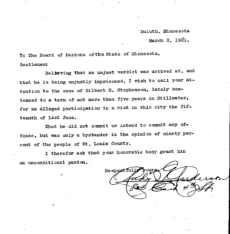 Gilbert Henry Stephenson. Application No. 5151. Letter from Rudy G. Anderson to Board of Pardons, March 2, 1921.