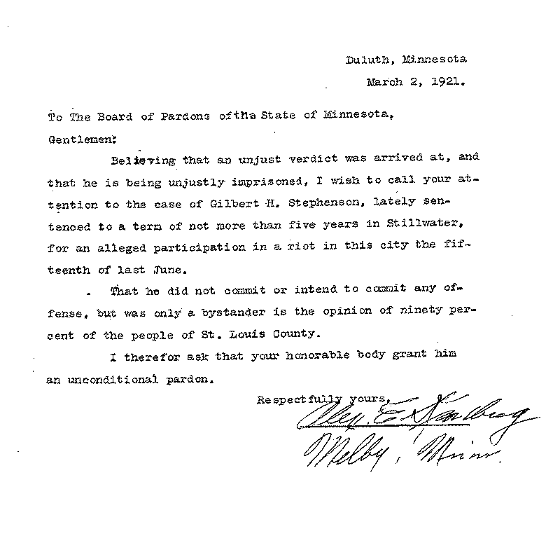 Gilbert Henry Stephenson. Application No. 5151. Letter from Alex E. Kroneberg (?) to Board of Pardons, March 2, 1921.