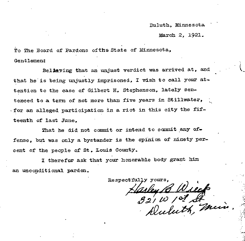 Gilbert Henry Stephenson. Application No. 5151. Letter from Harley B. Wieck to Board of Pardons, March 2, 1921.