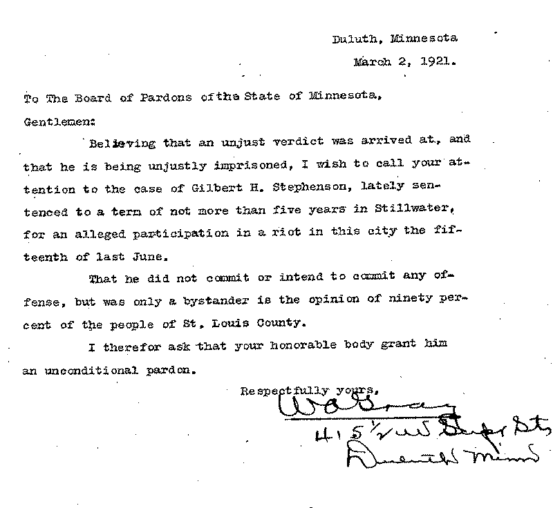 Gilbert Henry Stephenson. Application No. 5151. Letter from W. A. Gray to Board of Pardons, March 2, 1921.