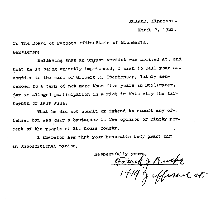 Gilbert Henry Stephenson. Application No. 5151. Letter from Frank J. Burke to Board of Pardons, March 2, 1921.