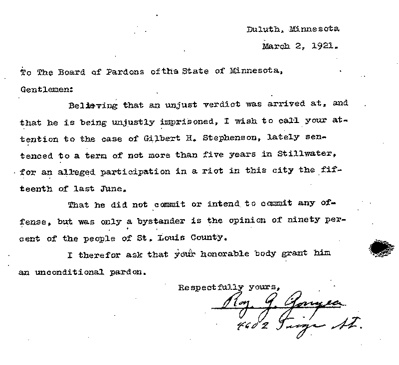 Gilbert Henry Stephenson. Application No. 5151. Letter from Ray. G. Gonyea (?) to Board of Pardons, March 2, 1921.