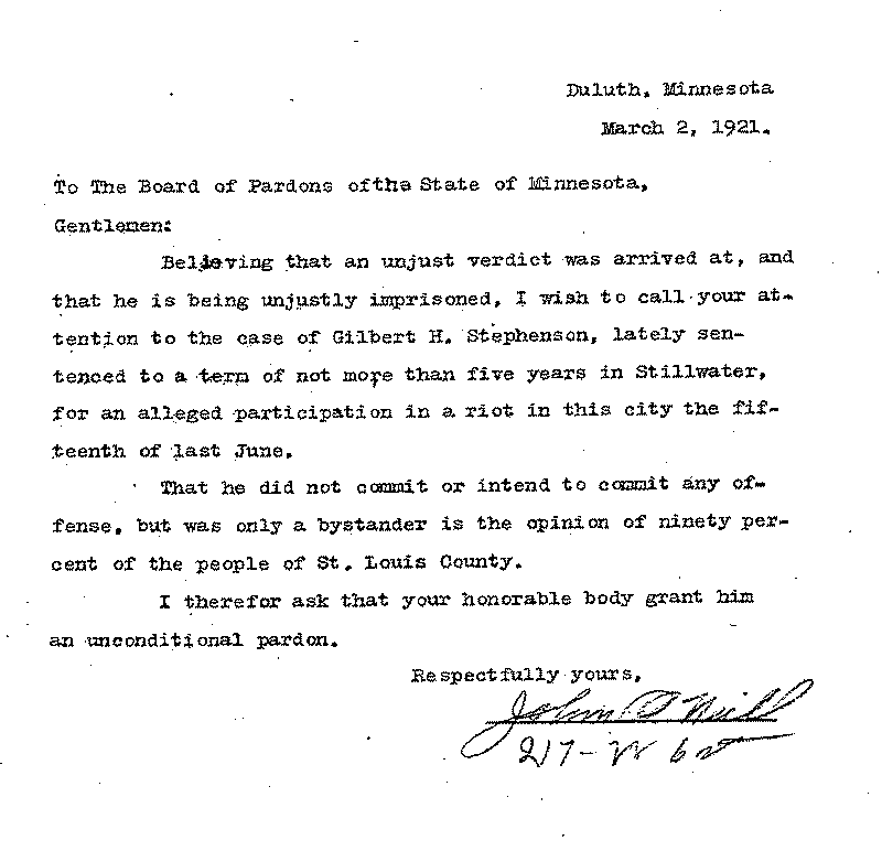 Gilbert Henry Stephenson. Application No. 5151. Letter from John O'Neill to Board of Pardons, March 2, 1921.