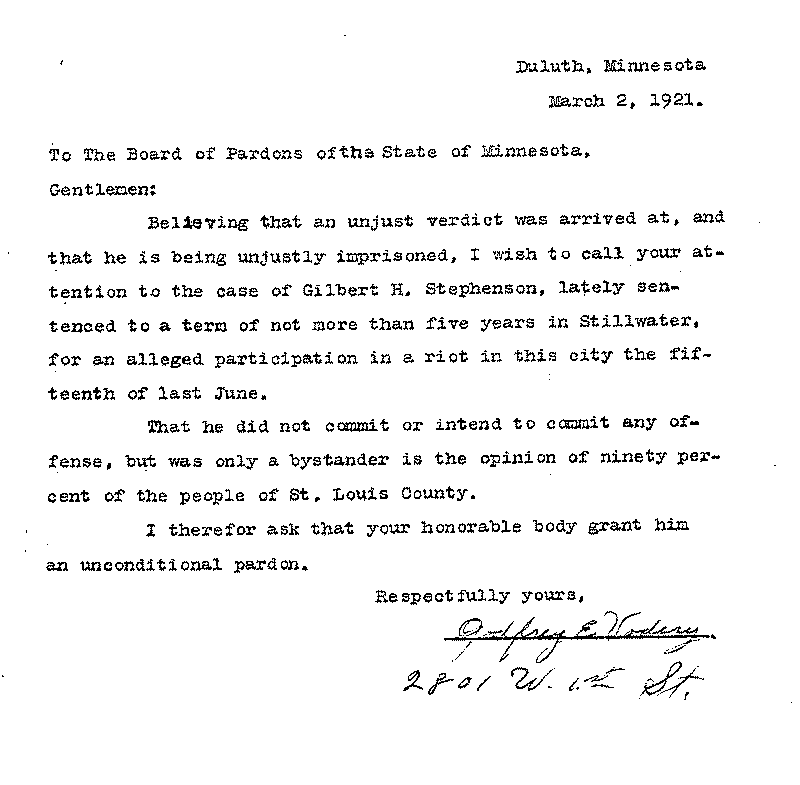 Gilbert Henry Stephenson. Application No. 5151. Letter from Godfrey E. Vodery to Board of Pardons, March 2, 1921.