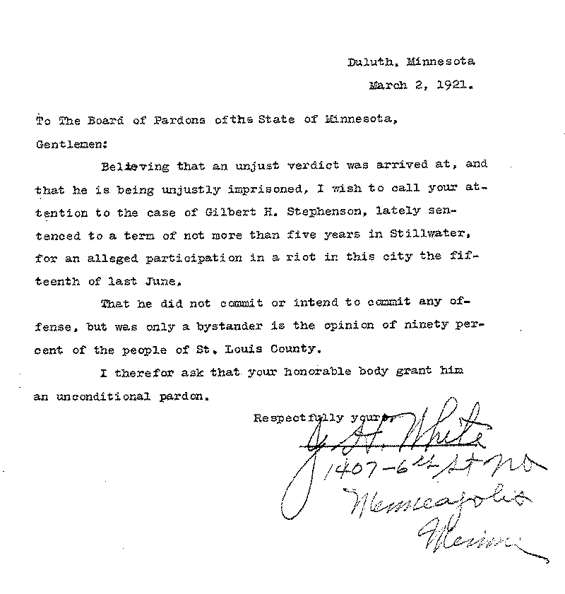 Gilbert Henry Stephenson. Application No. 5151. Letter from J. H. White to Board of Pardons, March 2, 1921.