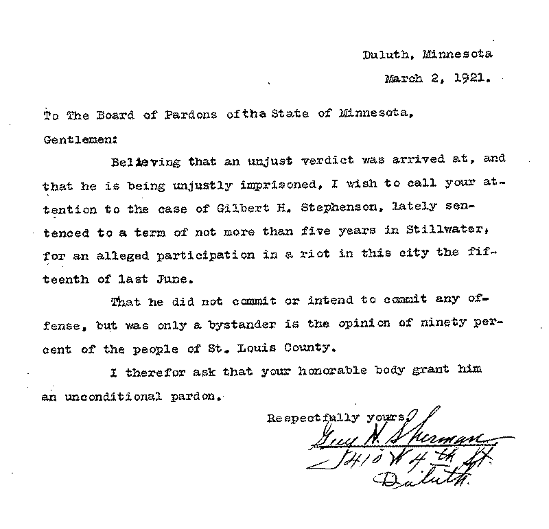 Gilbert Henry Stephenson. Application No. 5151. Letter from Guy H. Sherman to Board of Pardons, March 2, 1921.