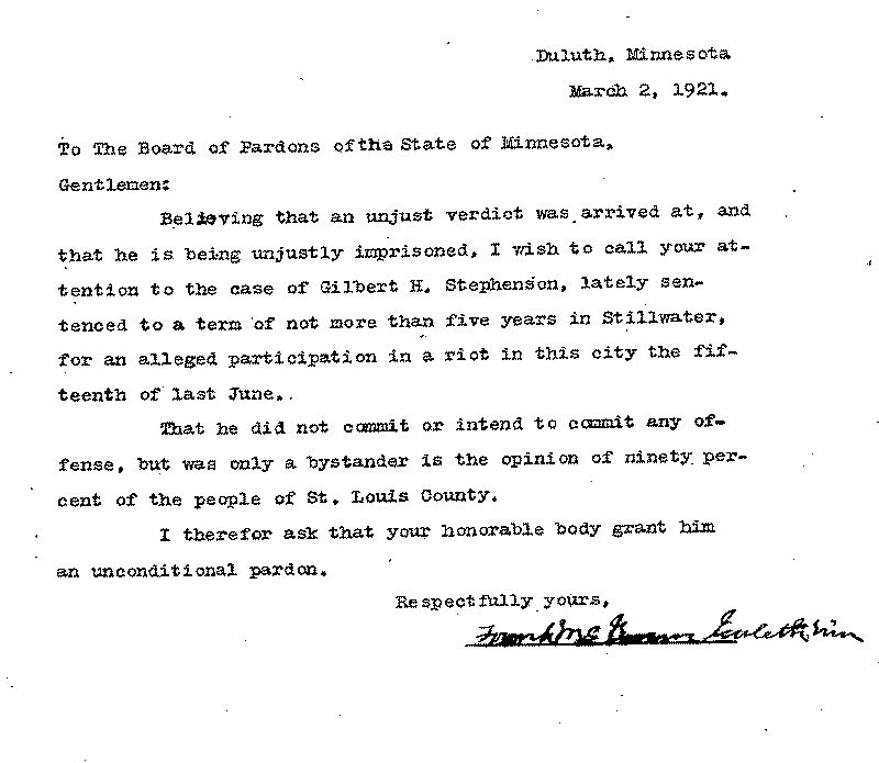 Gilbert Henry Stephenson. Application No. 5151.  Letter from Frank [illegible] to Board of Pardons, March 2, 1921.