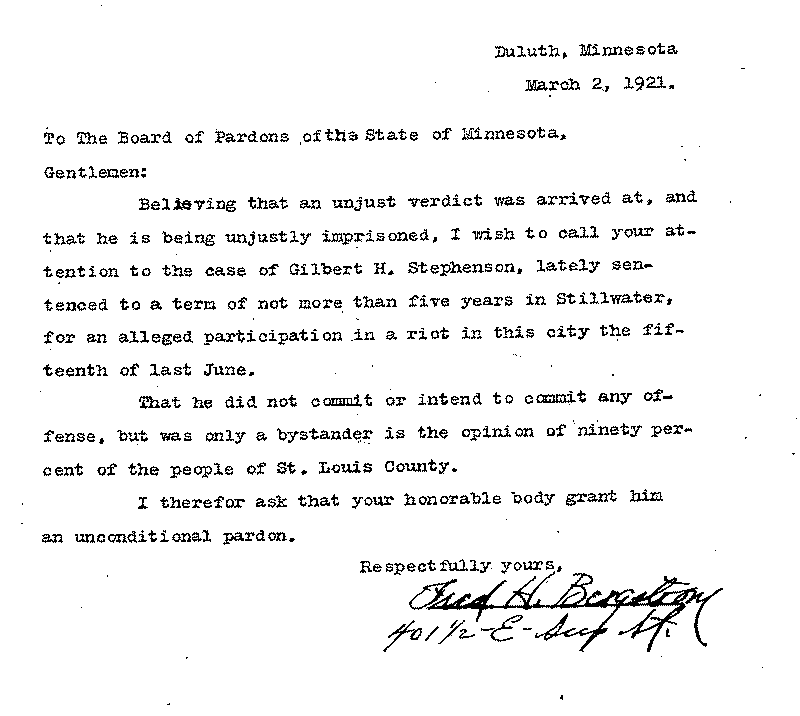 Gilbert Henry Stephenson. Application No. 5151. Letter from Fred H. Bergstrom to Board of Pardons, March 2, 1921.