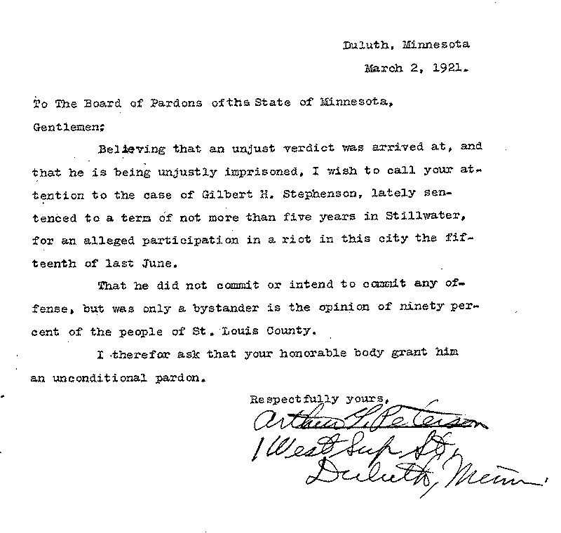 Gilbert Henry Stephenson. Application No. 5151. Letter from Arthur G. Peterson to Board of Pardons, March 2, 1921.