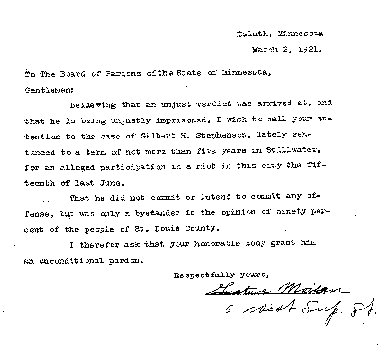 Gilbert Henry Stephenson. Application No. 5151. Letter from Gustave Moisan to Board of Pardons, March 2, 1921.