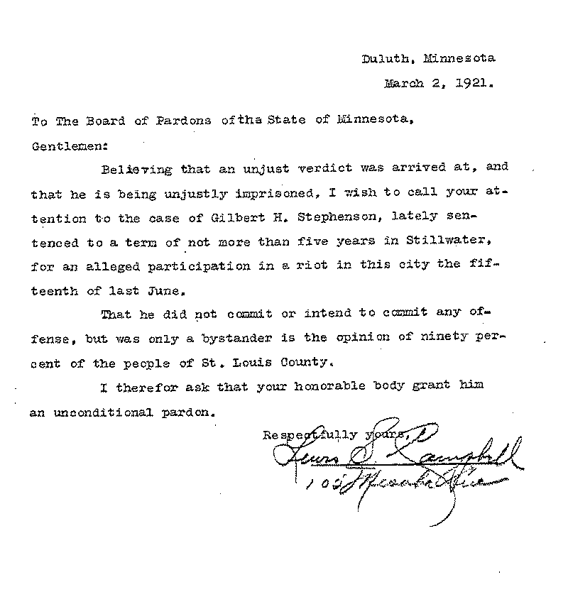 Gilbert Henry Stephenson. Application No. 5151. Letter from Lewis S. Campbell to Board of Pardons, March 2, 1921.