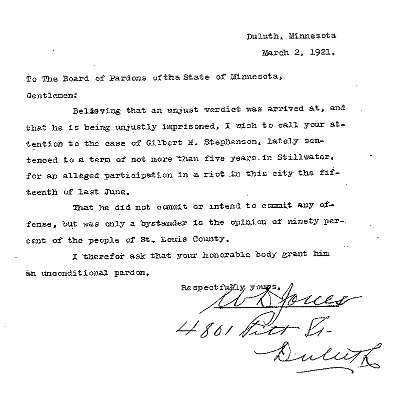 Gilbert Henry Stephenson. Application No. 5151. Letter from W. D. Jones (?) to Board of Pardons, March 2, 1921.