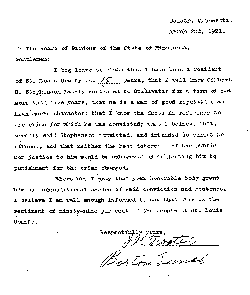Gilbert Henry Stephenson. Application No. 5151. Letter from J. H. Foster to Board of Pardons, March 2, 1921.
