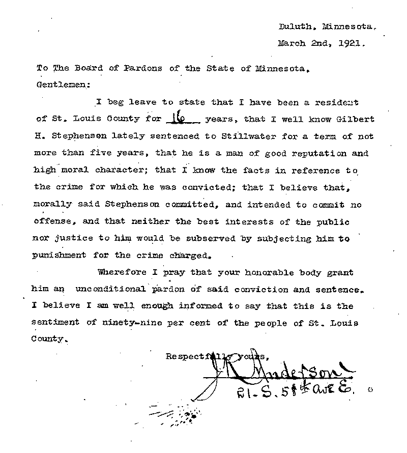 Gilbert Henry Stephenson. Application No. 5151. Letter from J. R. Anderson to Board of Pardons, March 2, 1921.