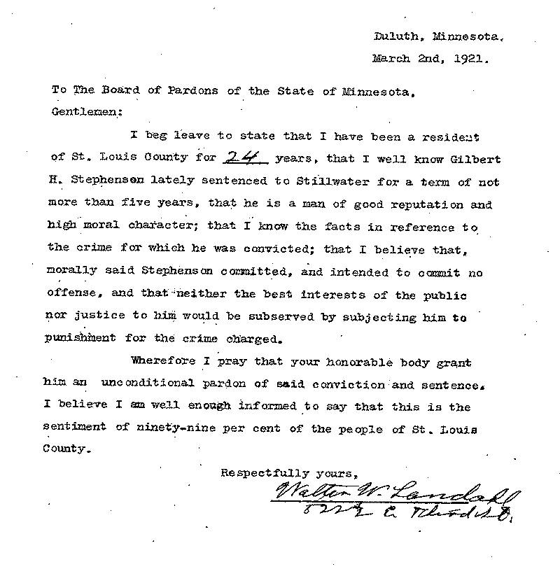 Gilbert Henry Stephenson. Application No. 5151. Letter from Walter W. Landahl to Board of Pardons, March 2, 1921.