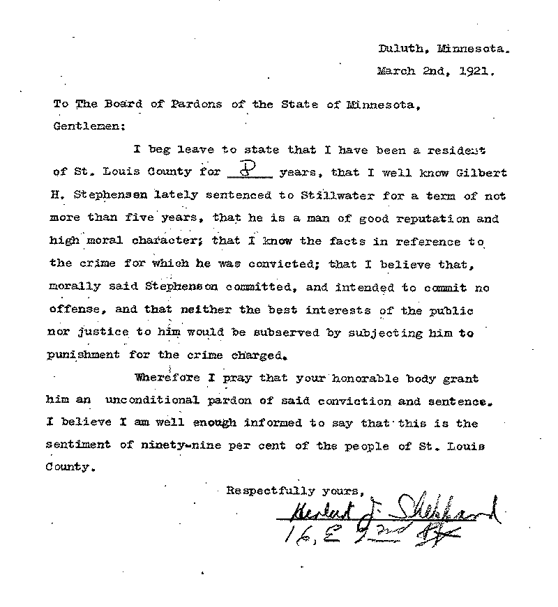 Gilbert Henry Stephenson. Application No. 5151. Letter from Herbert L. Sheppard to Board of Pardons, March 2, 1921.