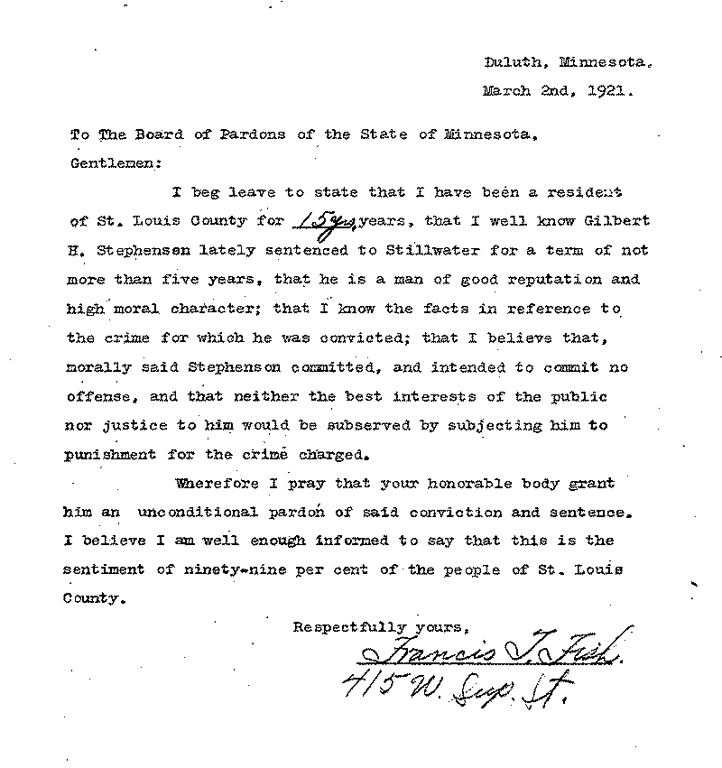 Gilbert Henry Stephenson. Application No. 5151. Letter from Francis T. Fish to Board of Pardons, March 2, 1921.