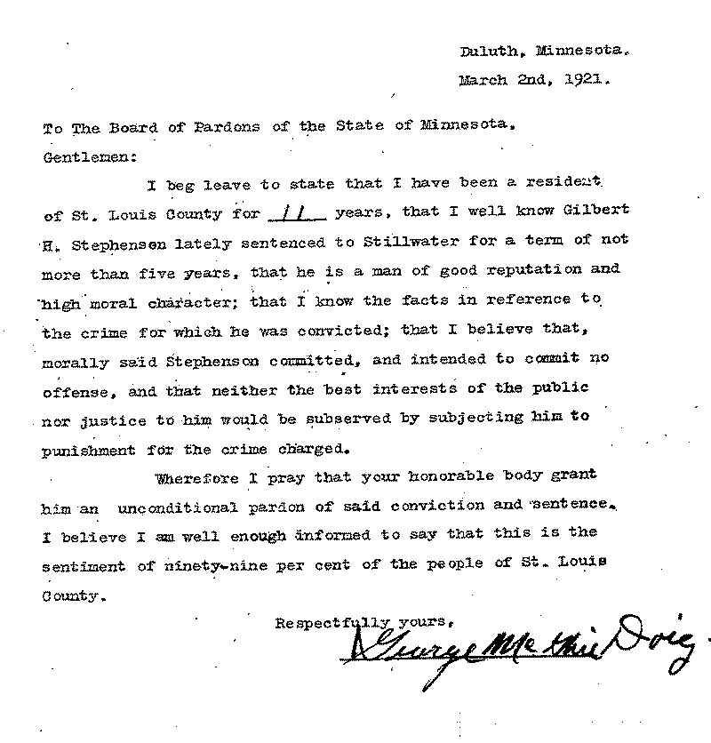 Gilbert Henry Stephenson. Application No. 5151. Letter from George Mathis Doiy (?) to Board of Pardons, March 2, 1921.