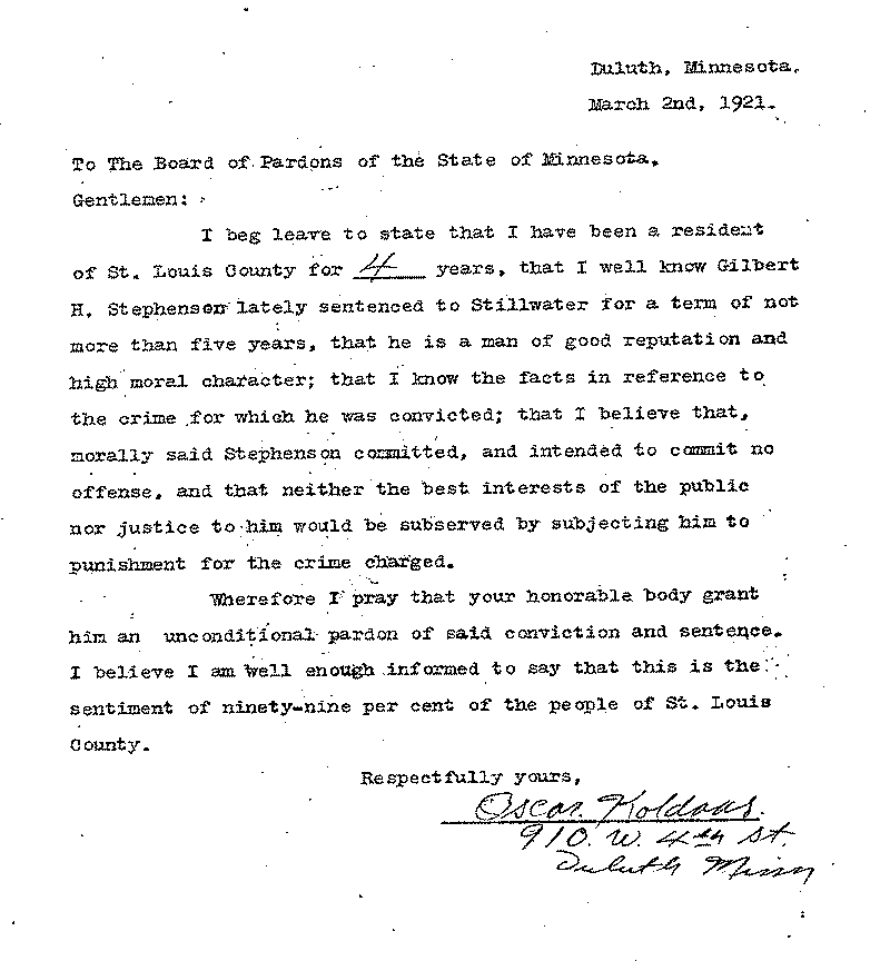Gilbert Henry Stephenson. Application No. 5151. Letter from Oscar Koldaus to Board of Pardons, March 2, 1921.
