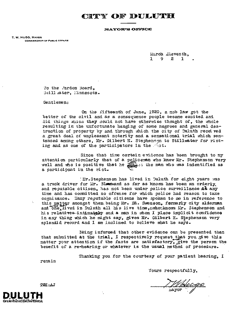 Gilbert Henry Stephenson. Application No. 5151. Letter from T. W. Hugo to Board of Pardons, March 11, 1921.