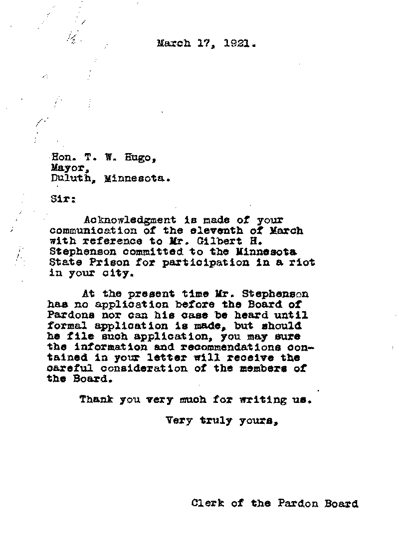 Gilbert Henry Stephenson. Application No. 5151. Letter from Clerk of the Pardon Board to T. W. Hugo, March 17, 1921.