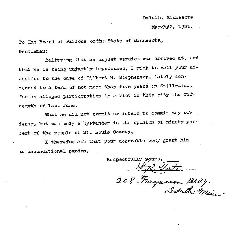 Gilbert Henry Stephenson. Application No. 5151. Letter from H. R. Tate to Board of Pardons, March 12, 1921.