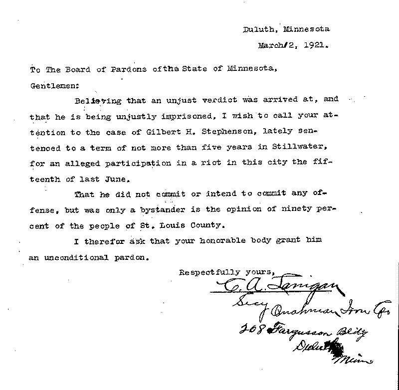 Gilbert Henry Stephenson. Application No. 5151. Letter from C. A. Lanigan to Board of Pardons, March 12, 1921.