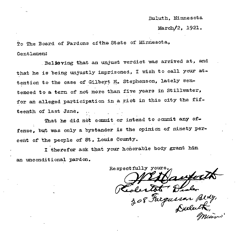 Gilbert Henry Stephenson. Application No. 5151. Letter from W. E. Danforth to Board of Pardons, March 12, 1921.
