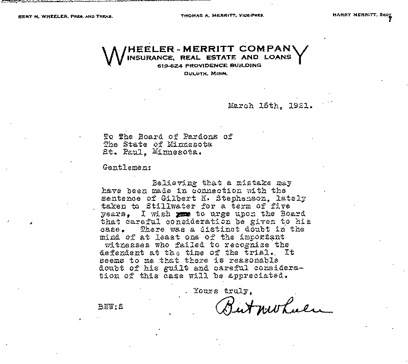 Gilbert Henry Stephenson. Application No. 5151. Letter from Bert N. Wheeler to Board of Pardons, March 15, 1921.
