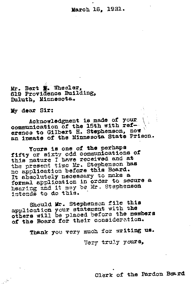 Gilbert Henry Stephenson. Application No. 5151. Letter from Clerk of the Pardon Board to Bert N. Wheeler, March 16, 1921.