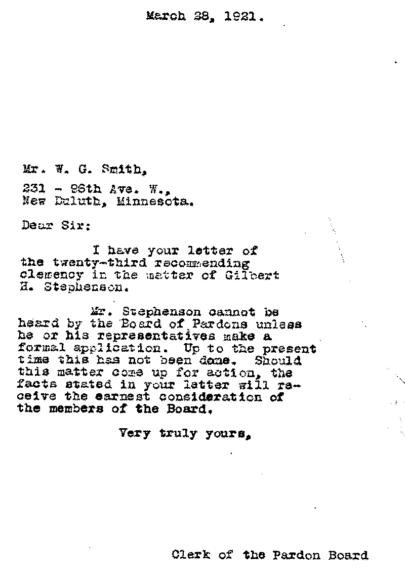 Gilbert Henry Stephenson. Application No. 5151. Letter from Clerk of the Pardon Board to W. G. Smith, March 28, 1921.