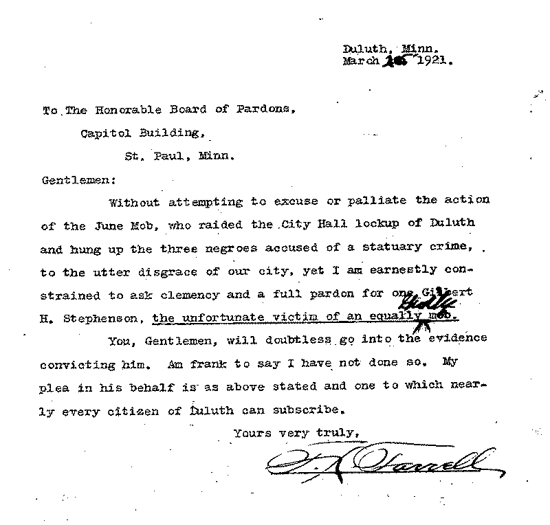 Gilbert Henry Stephenson. Application No. 5151. Letter from F. K. Farrell to Board of Pardons, March 25, 1921.