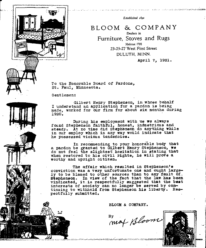 Gilbert Henry Stephenson. Application No. 5151. Letter from Max Bloom to Board of Pardons, April 7, 1921.