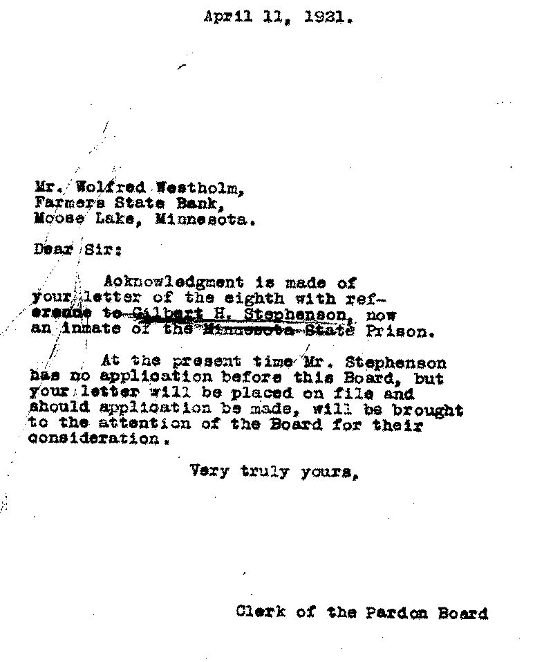 Gilbert Henry Stephenson. Application No. 5151. Letter from Clerk of the Pardon Board to Wolfred Westholm, April 11, 1921.