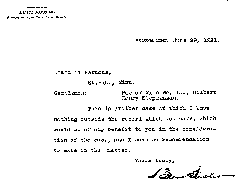 Gilbert Henry Stephenson. Application No. 5151. Letter from Bert Fesler to Board of Pardons, June 29, 1921.