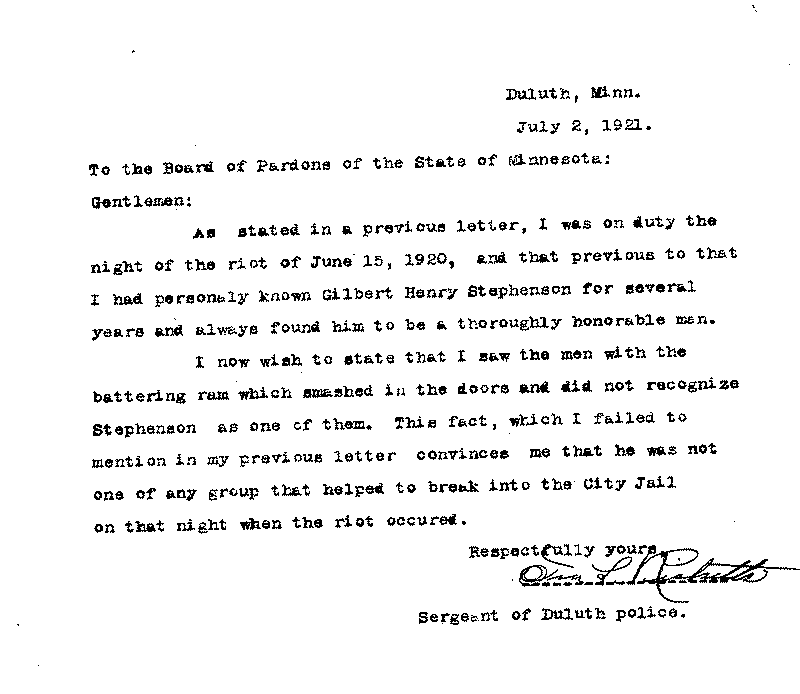 Gilbert Henry Stephenson. Application No. 5151. Letter from Ira L. Ricketts to Board of Pardons, July 2, 1921.