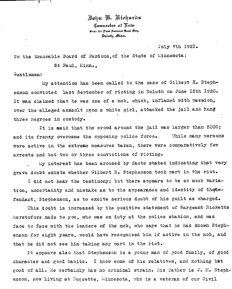 Gilbert Henry Stephenson. Application No. 5151. Letter from John B. Richards to Board of Pardons, July 7, 1921.--Correspondence (gif)