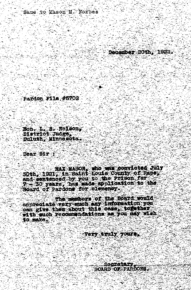 Max Mason. Application No. 5702. Letter from the State Board of Pardons to L. S. Nelson, December 20, 1922.