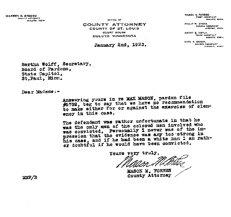 Max Mason. Application No. 5702. Letter from Mason M. Forbes to Secretary of the Board of Pardons, January 2, 1923.
