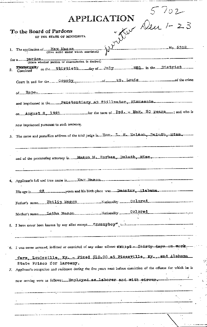 Max Mason. Application No. 6205. 1922-1924.--Gov't Record(s)--Pardon Application (gif)