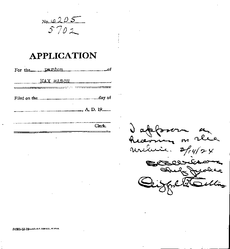 Max Mason. Application No. 6205. 1922-1924.--Gov't Record(s)--Pardon Application (gif)