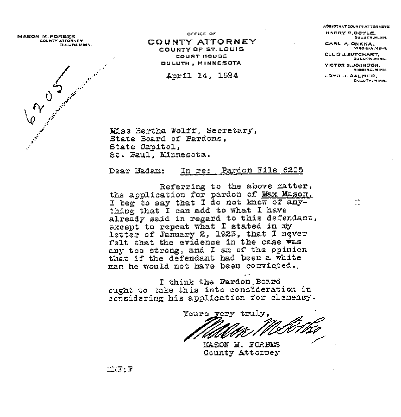 Max Mason. Application No. 6205. Letter from Mason M. Forbes to the Secretary of the Board of Pardons, April 14, 1924.