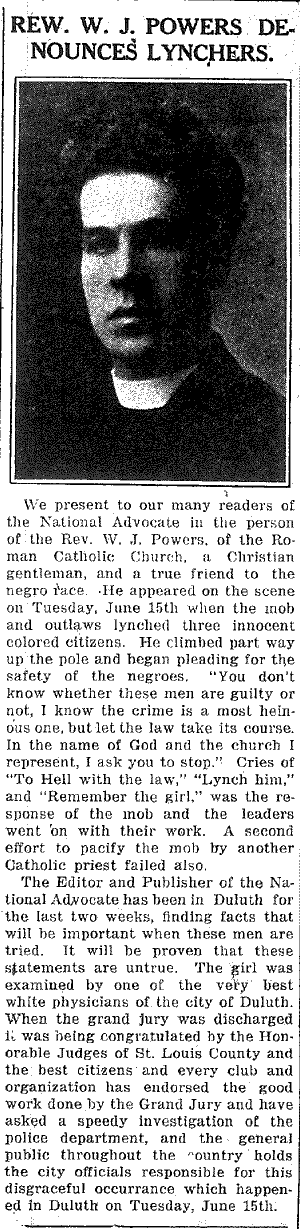 Rev. W.J. Powers Denounces Lynchers.