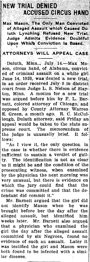 New Trial Denied Accused Circus Hand.