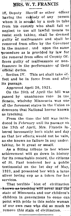 Mrs. W.T. Francis, Author of Anti-Lynching Bill.--Newspaper(s) (gif)