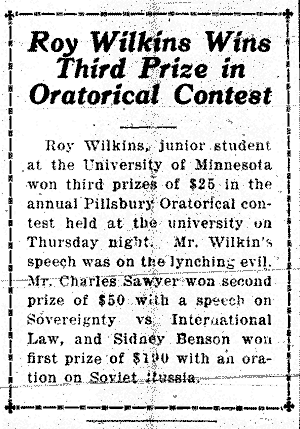 Roy Wilkins Wins Third Prize in Oratorical Contest.