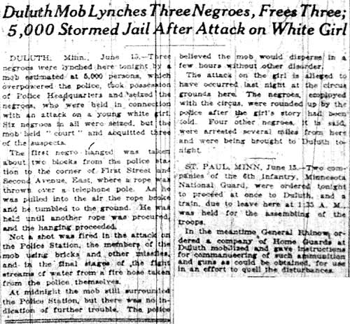 Duluth Mob Lynches Three Negroes, Frees Three; 5,000 Stormed Jail After Attack on White Girl.